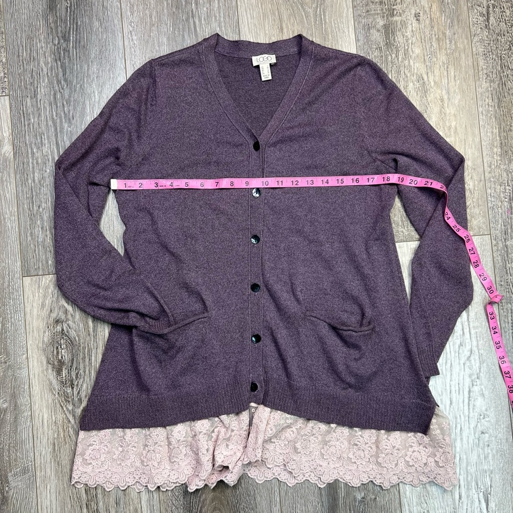 LOGO Lori Goldstein Button Front Lace Trim Hi-Low Knit
Cardigan Sweater - Picture 8 of 11